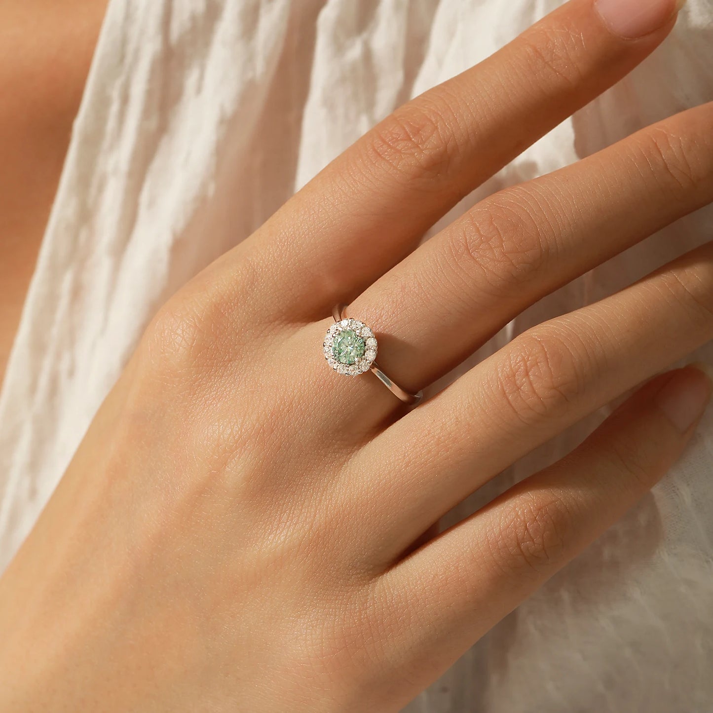 D Color Green Teal Moissanite Halo Ring – Sterling Silver