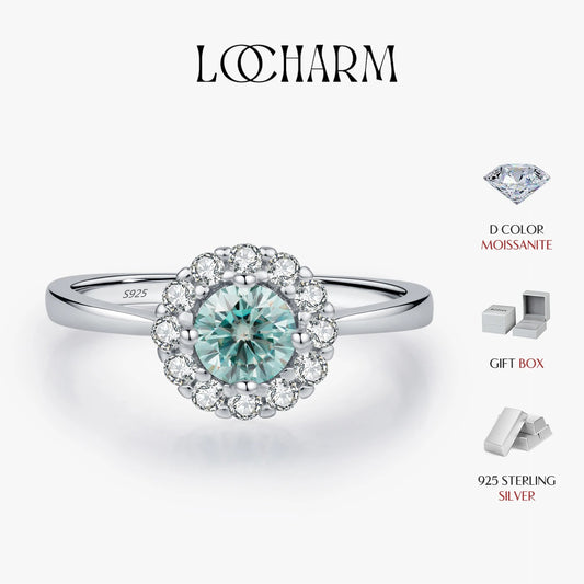 D Color Green Teal Moissanite Halo Ring – Sterling Silver