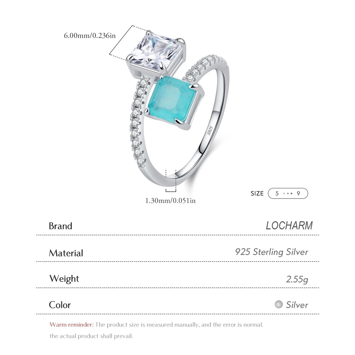 Sterling Silver Sparkling Square CZ Paraiba Tourmaline Ring