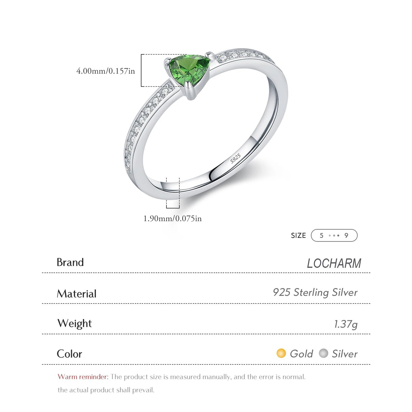 Triangle Green CZ Stackable Sterling Silver Ring